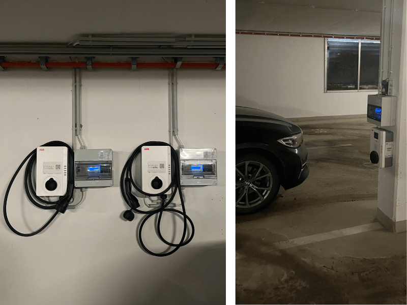 Két töltő felszerelve a falon egymás mellett és egy pedig az oszlopra